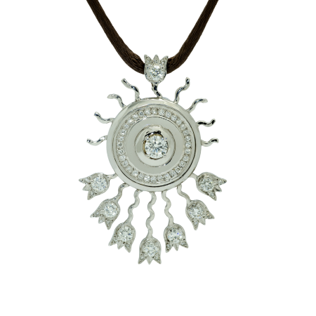 23031 Lilly of the Valley Diamond Pendant Designed & Handmade by Kaufmann de Suisse in 18kt White Gold featuring 8 Round Brilliant Cut GSI Quality Diamonds weighing a total of 1.40cts and 48 Round