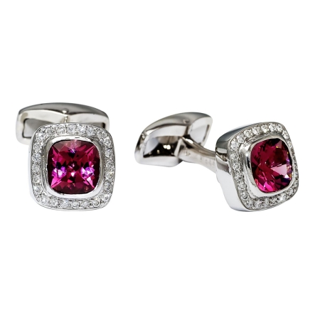 31985 Tsarina Swivel Back Pink Tourmaline and Diamond Cufflinks Designed & Handmade by Kaufmann de Suisse in 18kt White Gold featuring 2 Cushion Cut Pink Tourmalines weighing a total of 4.00cts an
