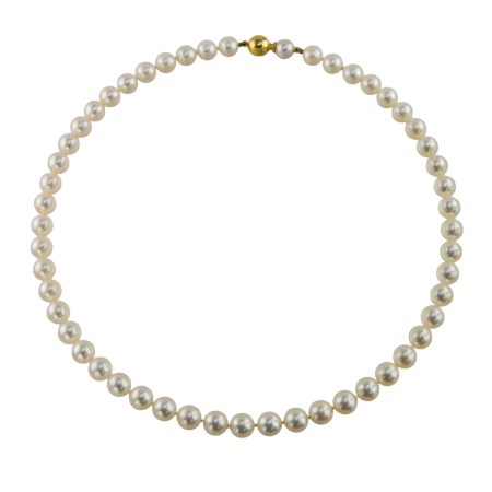 40031 17.5 Inch Akoya Pearl Strand Necklace Designed and Handmade by Kaufmann de Suisse featuring 52 Akoya Pearls measuring 7.5mm strung with an 18kt Yellow Gold Bayonette Clasp