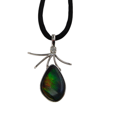 19983 Amolite Pendant Designed and Handmade by Kaufmann de Suisse in 18kt White Gold featuring 1 Oval Cut Amolite weighing 5.34cts and 1 Round Brilliant Cut FVVS Qulity