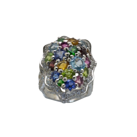 19920 Flowing Lines Multi Stone Wave Ring Designed and Handmade by Kaufmann de Suisse in 18kt White Gold featuring 2 Rhodolite Garnets, 3 Peridots, 3 Tanzanites, 3 Aquamarines, 3 Citrines, 3 Tsavo
