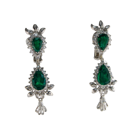40152 One of a Kind Emerald & Diamond Dangle Drop Earrings Designed & Handmade by Kaufmann de Suisse in 18kt White Gold & Platinum featuring 4 Pear Shape Columbian Emeralds AGS Certified Minor wei