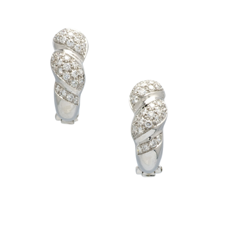 40100 Flowing Lines Diamond Huggie Earrings Designed & Handmade by Kaufmann de Suisse in 18kt White Gold featuring 60 Round Brilliant Cut FVVS Quality Diamonds weighing a total of 0.78cts