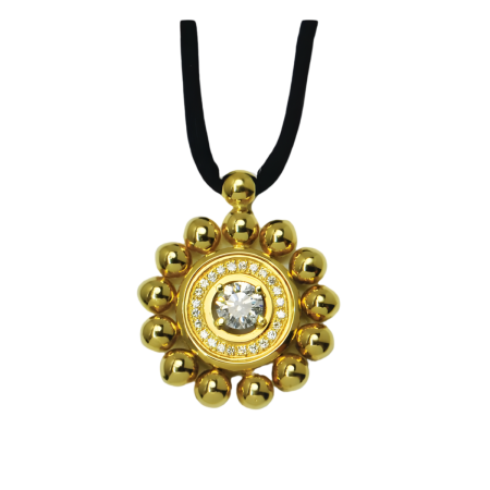 22864 Soleil Diamond Pendant Designed and Handmade by Kaufmann de Suisse in 18kt Yellow Gold featuring one Round Brilliant Cut 1.05cts GSI Quality Diamond mounted with 25 Round Brilliant