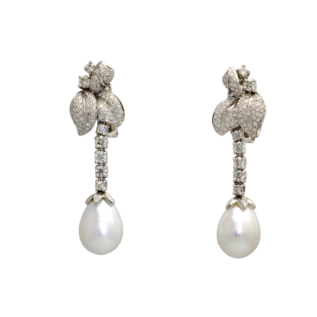 40600 South Sea & Diamond Dangle Drop Earrings Designed & Handmade by Kaufmann de Suisse in 18kt White Gold featuring 2 South Sea 16 by 12mm Teadrop Pearls with Rose Overtone and 178 Round Brillia