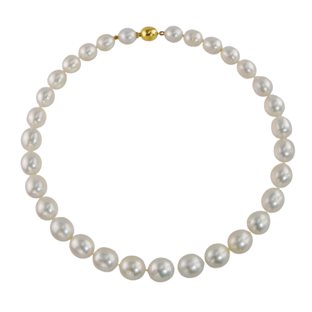 41003 17.5 Inch South Sea Pearl Strand Necklace featuring 31 Off Round South Sea Pearls measuring 10 to 12.5mm strung with an 18kt Yellow Gold Kaufmann de Suisse Bayonette Clasp
