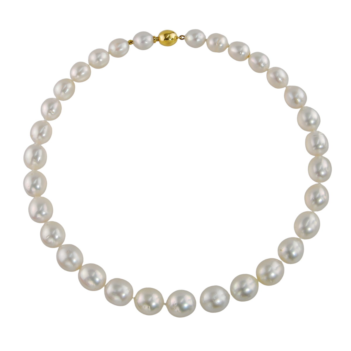 41003 17.5 Inch South Sea Pearl Strand Necklace featuring 31 Off Round South Sea Pearls measuring 10 to 12.5mm strung with an 18kt Yellow Gold Kaufmann de Suisse Bayonette Clasp