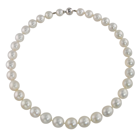 41006 18 Inch South Sea Pearl Strand Necklace featuring 33 Off Round South Sea Pearls measuring from 9.8 to 12.9mm with an 18kt White Gold Kaufmann de Suisse Bayonette Clasp