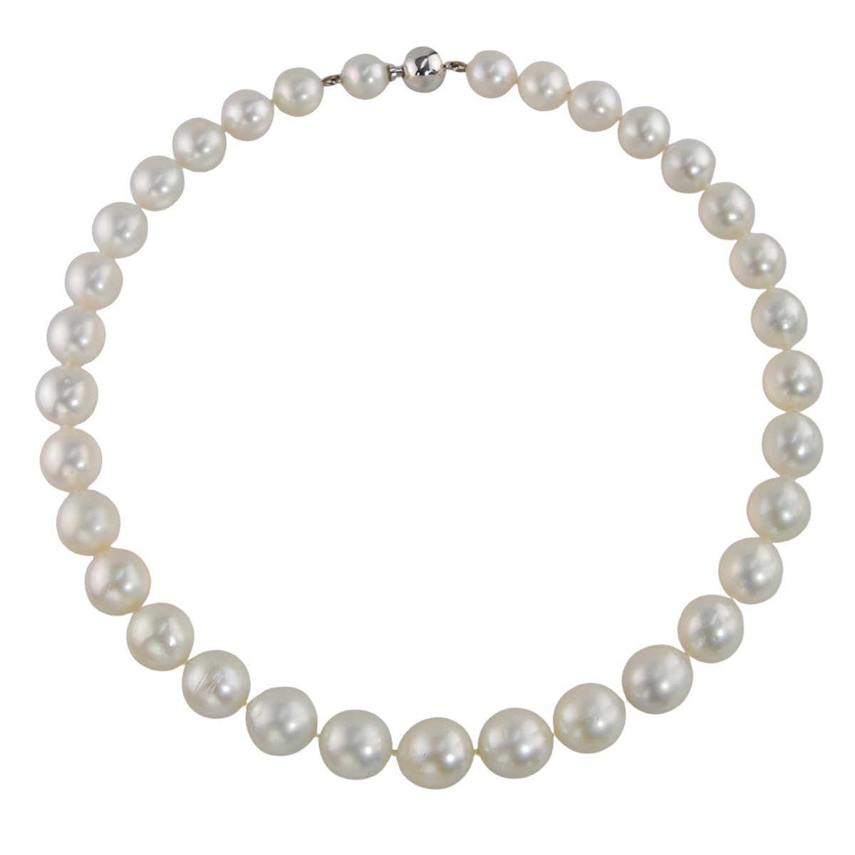41006 18 Inch South Sea Pearl Strand Necklace featuring 33 Off Round South Sea Pearls measuring from 9.8 to 12.9mm with an 18kt White Gold Kaufmann de Suisse Bayonette Clasp