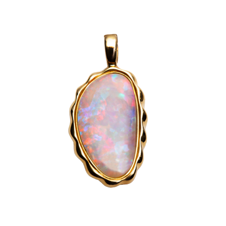 41082 Flowing Lines Opal Shell Pendant Designed & Handmade by Kaufmann de Suisse in 18kt Yellow Gold featuring one free form 3.02cts Shell Multi Color Opal