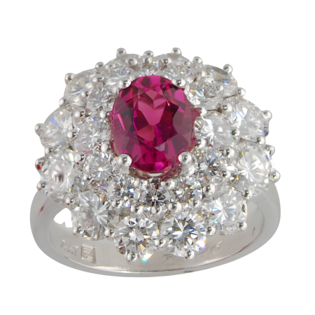 7526 Pink Tourmaline and Diamond Cocktail Ring Designed & Handmade by Kaufmann de Suisse in Platinum featuring one Oval Cut 1.19cts Pink Tourmaline surrounded by 22 Round Brilliant Cut FVVS Qualit