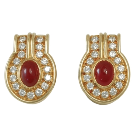 10190 Classic Ruby & Diamond Earrings Designed & Handmade by Kaufmann de Suisse in 18kt Yellow Gold featuring 2 Cabochon Cut Oval Rubies weighing a total of 3.20cts and 34 Round Brilliant Cut FVVS