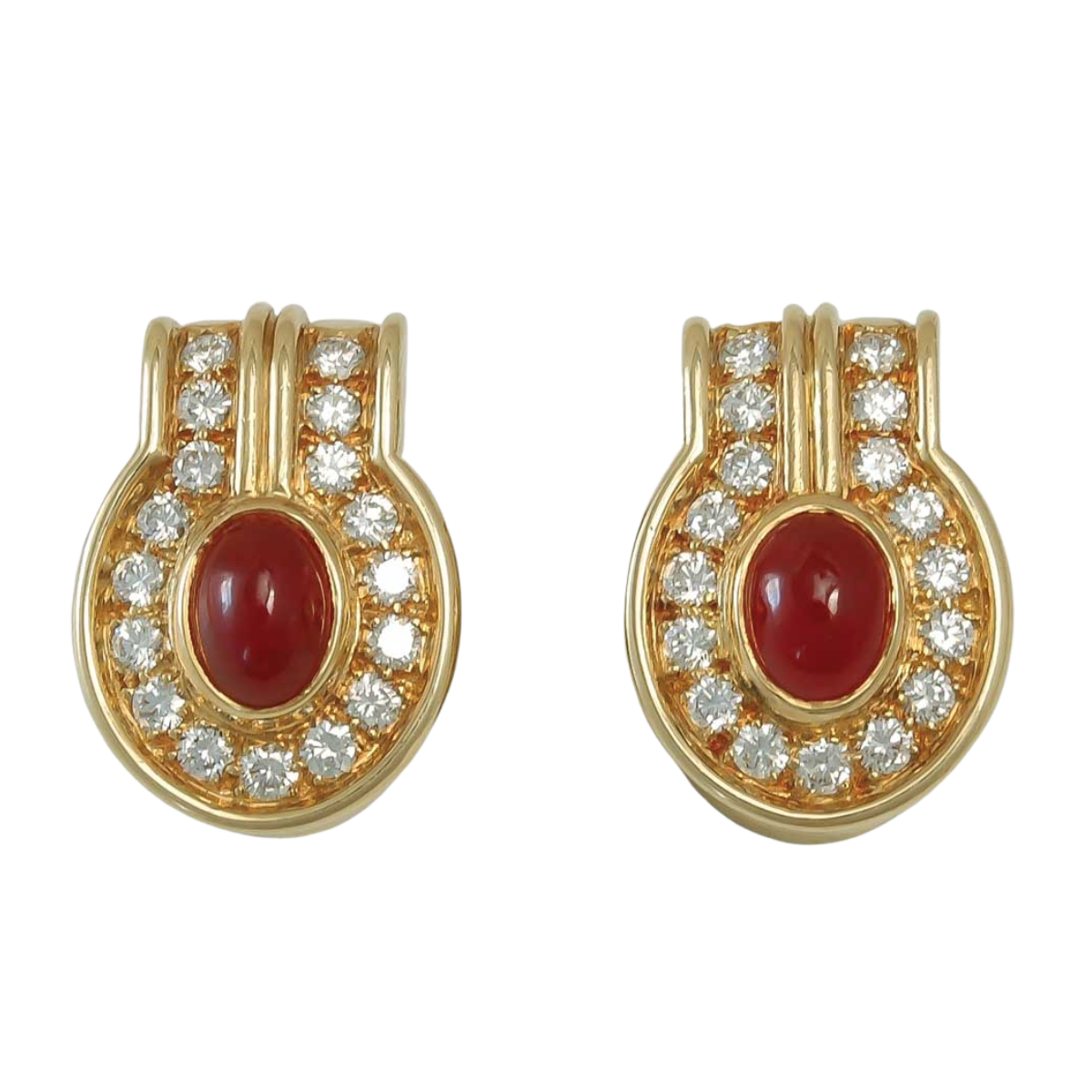 10190 Classic Ruby & Diamond Earrings Designed & Handmade by Kaufmann de Suisse in 18kt Yellow Gold featuring 2 Cabochon Cut Oval Rubies weighing a total of 3.20cts and 34 Round Brilliant Cut FVVS