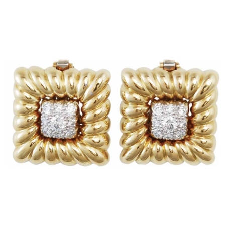 10355 Yellow Gold & Diamond Earclips Designed & Handmade by Kaufmann de Suisse in 18kt Yellow Gold featuring 18 Round Brilliant Cut FVVS Quality Diamonds weighing a total of 0.76cts
