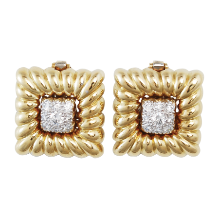 10355 Yellow Gold & Diamond Earclips Designed & Handmade by Kaufmann de Suisse in 18kt Yellow Gold featuring 18 Round Brilliant Cut FVVS Quality Diamonds weighing a total of 0.76cts