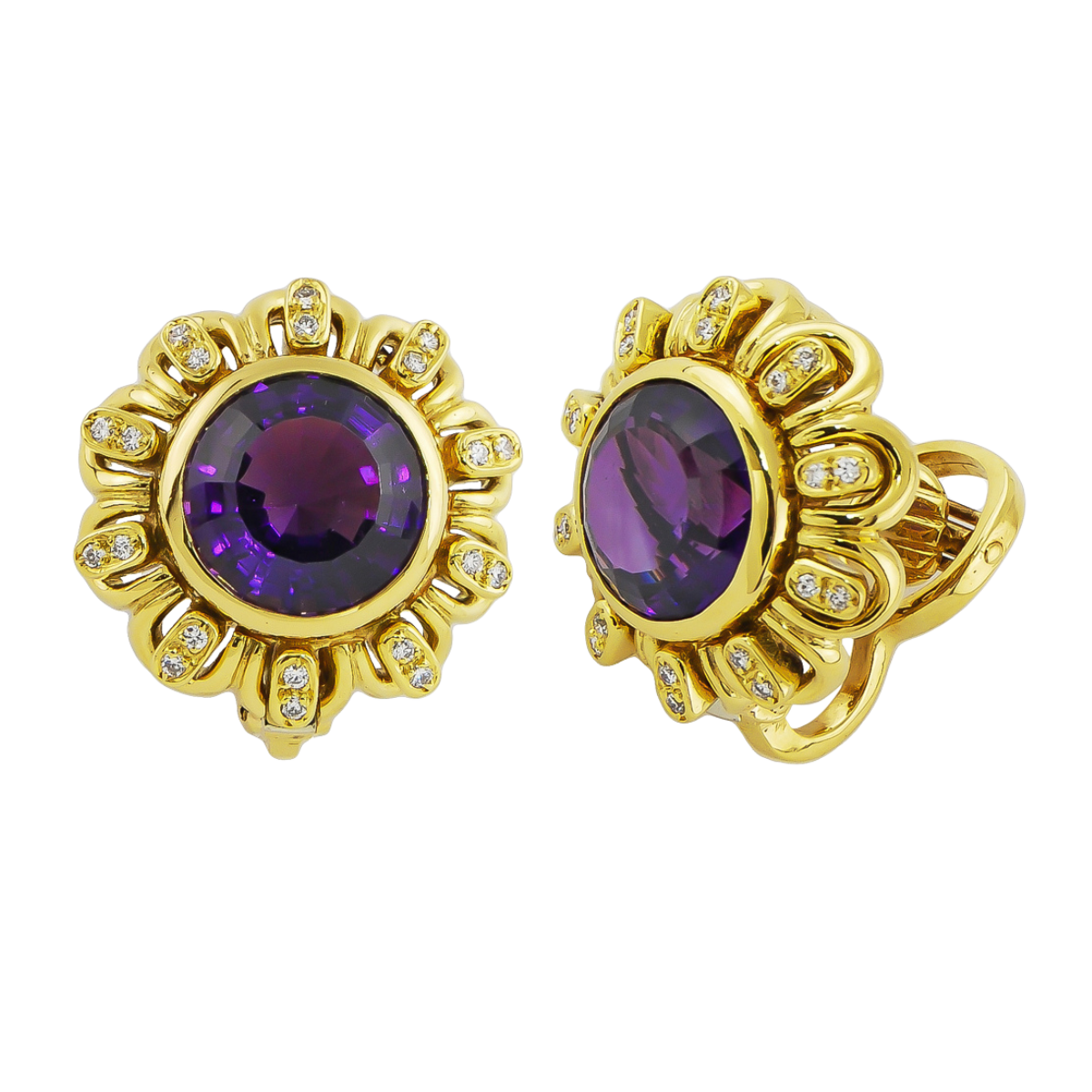 10357 African Amethyst & Diamond Earclips Designed & Handmade by Kaufmann de Suisse in 18kt Yellow Gold featuring 2 African AAA Quality Amethyst weighing a total of 12.02cts and 40 Round Brilliant