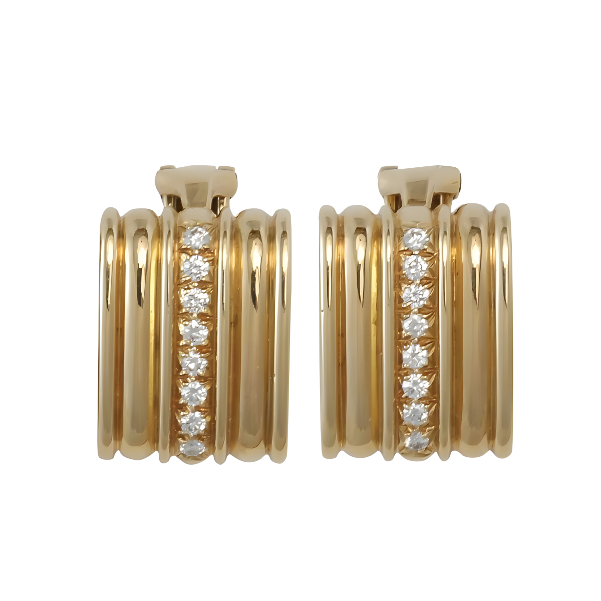 10553 Yellow Gold and Diamond Rectangular Ribbed Earrings Designed & Handmade by Kaufmann de Suisse in 18kt Yellow Gold featuring 16 Round Brilliant Cut FVVS