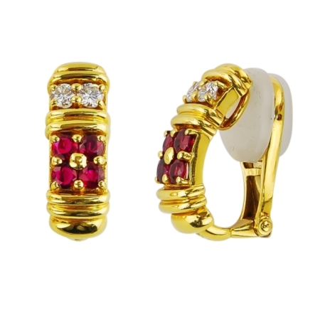 11514Classic Ruby & Diamond Rectangular Clip On Huggies Designed & Handmade by Kaufmann de Suisse in 18kt Yellow Gold featuring 8 Round No Heat Rubies weighing a total of 1.59cts and 4 Round Brill