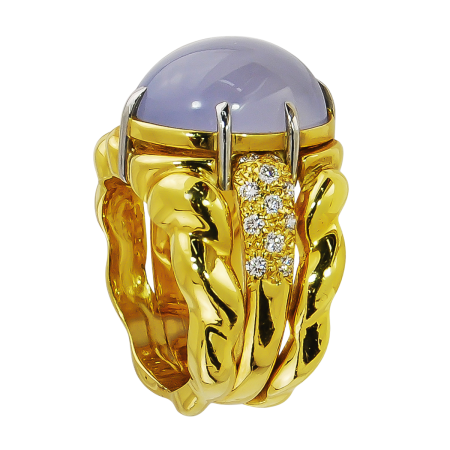 12335 Mandarine Garnet & Diamond Triple Flowing Lines Ring Designed & Handmade by Kaufmann de Suisse in 18kt Yellow Gold featuring one Oval Cabochon Cut 28.93cts Mandarine Garnet mounted with 22 R