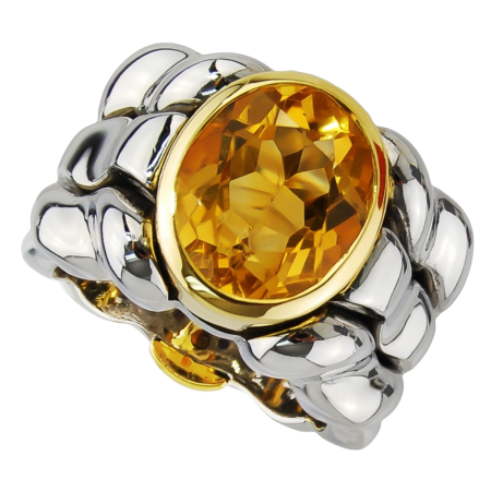 13808 Triple Flowing Lines Citrine Ring Designed & Handmade by Kaufmann de Suisse in 18kt Yellow Gold and Stainless Steel featuring one Oval Faceted Citrine weighing a total of 4.91cts (1)