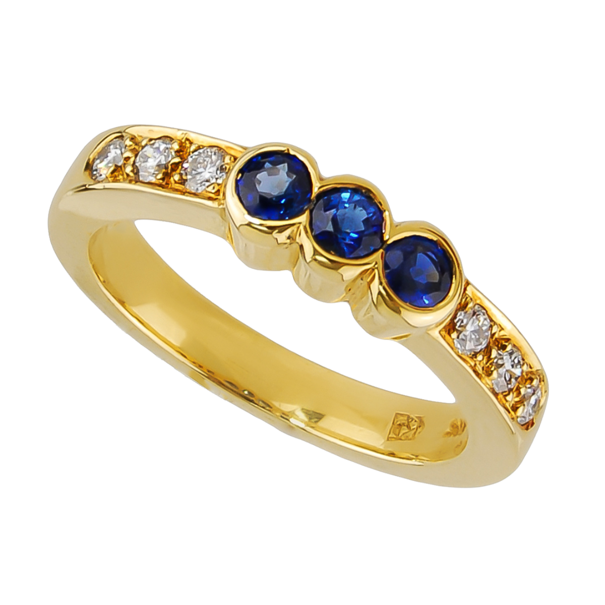 14094 Half Hoop Diamond Eternity Ring Designed & Handmade by Kaufmann de Suisse in 18kt Yellow Gold featuring 3 Round Blue Sapphires weighing 0.41cts total and 6 Round Brilliant Cut FVVS Quality D