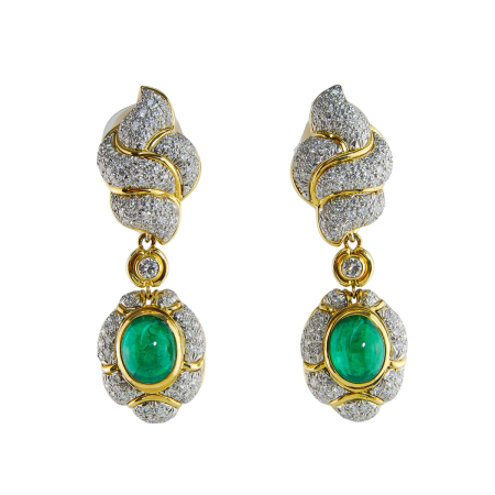 14244 Designer Diamond Pave and Detacheable Cabochon Cut Emerald Drop Earrings Designed & Handmade by Kaufmann de Suisse in 18kt Yellow Gold and Platinum featuring 372 Round Brilliant