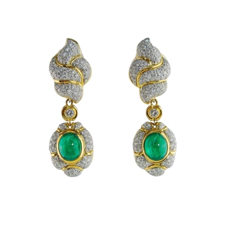 14244 Designer Diamond Pave and Detacheable Cabochon Cut Emerald Drop Earrings Designed & Handmade by Kaufmann de Suisse in 18kt Yellow Gold and Platinum featuring 372 Round Brilliant Cut