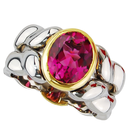 14265 Double Flowing Lines Pink Tourmaline Ring Designed and Handmade by Kaufmann de Suisse in Stainless Steel and 18kt Yellow Gold featuring one Oval Pink Tourmaline weighing 2.17cts