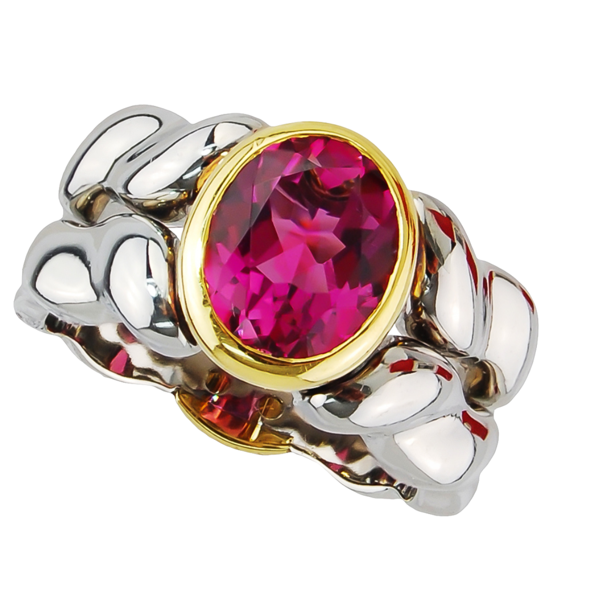 14265 Double Flowing Lines Pink Tourmaline Ring Designed and Handmade by Kaufmann de Suisse in Stainless Steel and 18kt Yellow Gold featuring one Oval Pink Tourmaline weighing 2.17cts