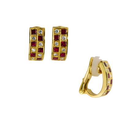 14568A Classic Checkerboard Ruby & Diamond Rectangular Clip Back Earrings Designed & Handmade by Kaufmann de Suisse in 18kt Yellow Gold featuring 12 Square cut Rubies weighing