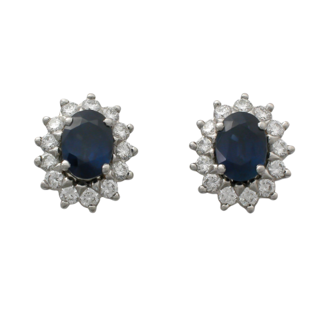 14640 Classic Princess Di Blue Sapphire & Diamond Halo Stud Earrings Designed & Handmade by Kaufmann de Suisse in Platinum featuring 2 Oval Blue Sapphires weighing a total of 3.02cts and 26 Round