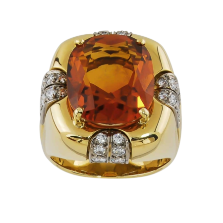 14707A Chunky Madeira Citrine & Diamond Ring Designed & Handmade by Kaufmann de Suisse in 18kt yellow gold and platinum featuring one Cushion Cut Madeira Citrine weighing 10.51cts and mounted (1)
