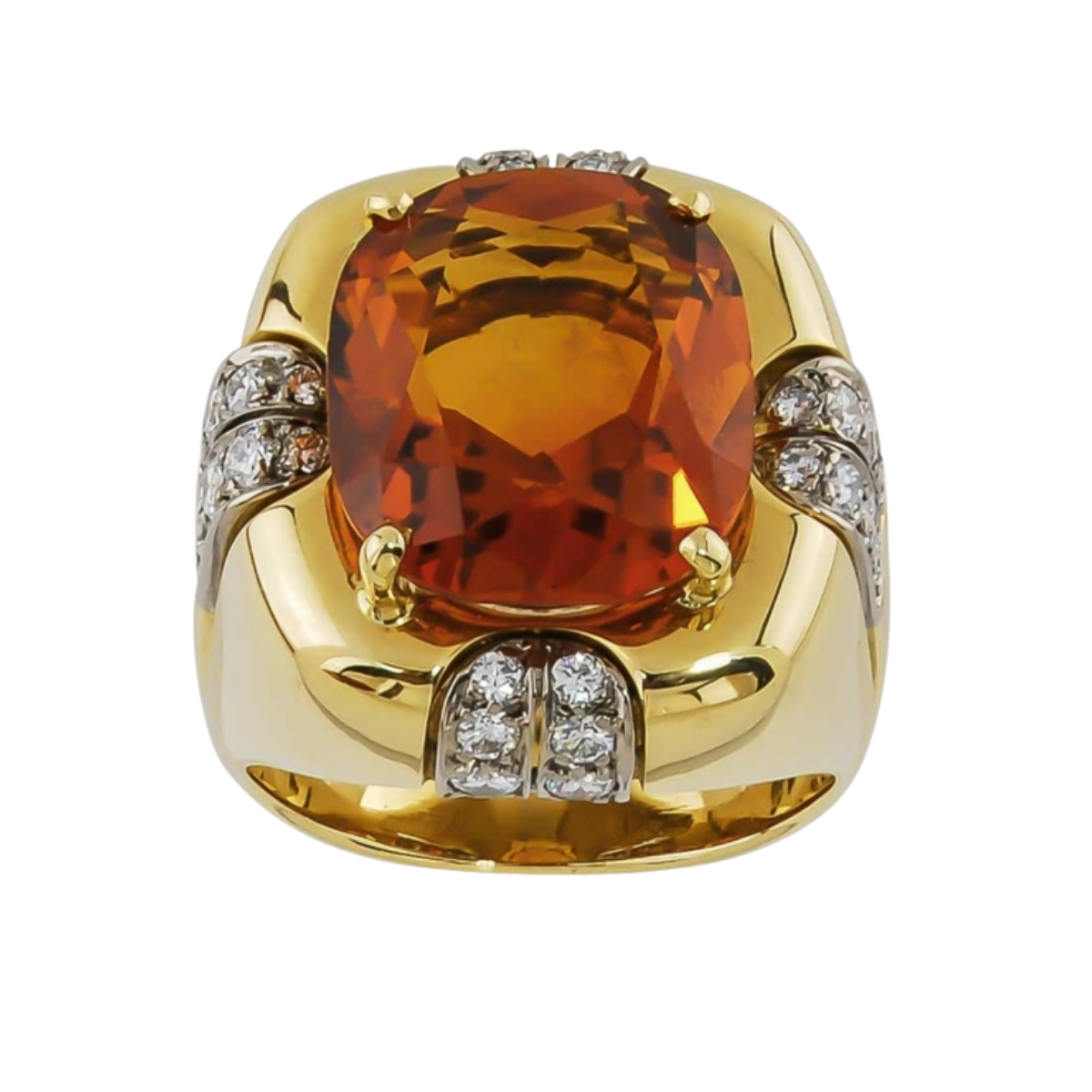 14707A Chunky Madeira Citrine & Diamond Ring Designed & Handmade by Kaufmann de Suisse in 18kt yellow gold and platinum featuring one Cushion Cut Madeira Citrine weighing 10.51cts and mounted (1)