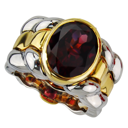 14743 Bezel Set Rhodolite Ring, Handmade in 18k Yellow Gold and Stainless Steel with an Oval Rhodolite Weighing 6.16 Carats