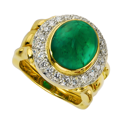 15062 Triple Flowing Lines Emerald Ring Designed & Handmade by Kaufmann de Suisse in 18kt Yellow Gold and Platinum featuring one Oval Cabochon cut Columbian Emerald weighing