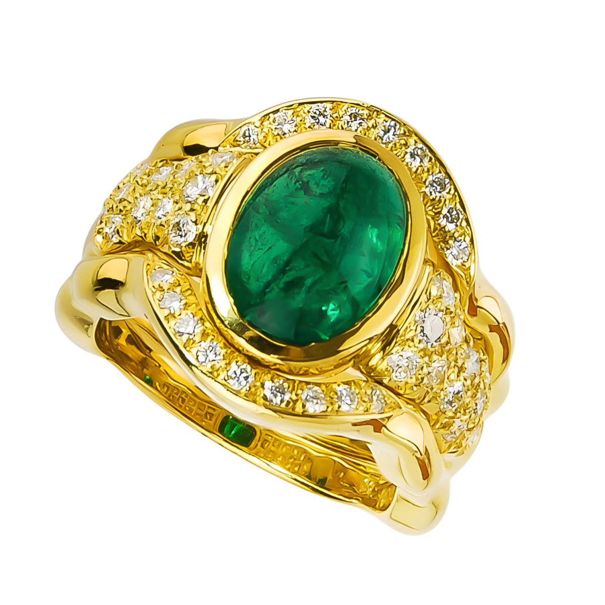 15066 Triple Flowing Lines Emerald Ring Designed & Handmade by Kaufmann de Suisse in 18kt Yellow Gold featuring one Oval Cabochon cut Columbian Emerald