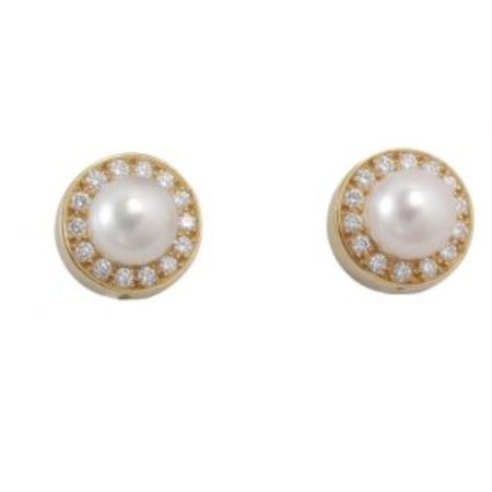 15130 Classic Pearl & Diamond Studs Designed & Handmade by Kaufmann de Suisse in 18kt Yellow Gold featuring 2 Akoya Pearls measuring 7.1mm and 28 Round Brililant cut FVVS Quality Diamonds weighing