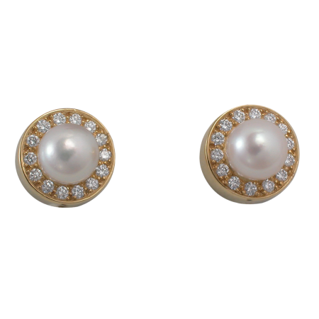 15130 Classic Pearl & Diamond Studs Designed & Handmade by Kaufmann de Suisse in 18kt Yellow Gold featuring 2 Akoya Pearls measuring 7.1mm and 28 Round Brililant cut FVVS Quality Diamonds weighing