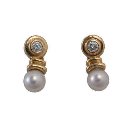 15699A Pearl & Diamond Drop Earrings Designed & Handmade by Kaufmann de Suisse in 18kt Yellow Gold featuring 2 Akoya 7.5mm Pearls and 25 round Brilliant cut FVVS Quality Diamonds weighing a total