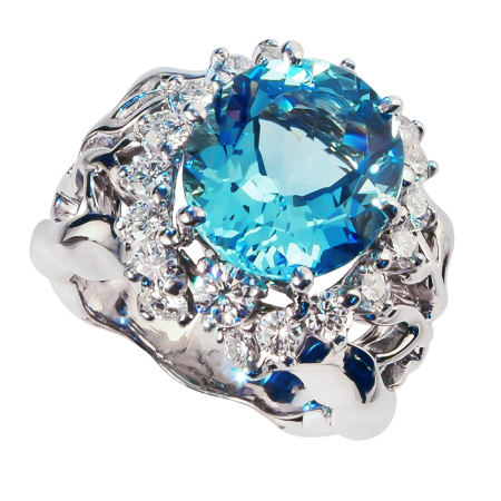 15877 Open Flowing Lines Aquamarine & Diamond Ring Designed & Handmade by Kaufmann de Suisse in 18kt White Gold featuring One Oval 6.30cts Aquamarine surrounded by 20 FVVS Quality Diamonds weighin