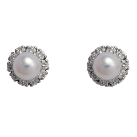 15953 Classic Pearl & Diamond Studs Designed & Handmade by Kaufmann de Suisse in Platinum featuring 2 Akoya Pearls measuring 7.4mm and 20 round Brililant cut FVVS Quality Diamonds weighing a total