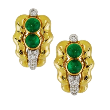 16031 Flowing Lines Emerald & Diamond Earrings Designed & Handmade by Kaufmann de Suisse in 18kt Yellow Gold featuring 4 Cabochon Cut Emeralds weighig a total of 5.65cts and 16 Round Brilliant cut