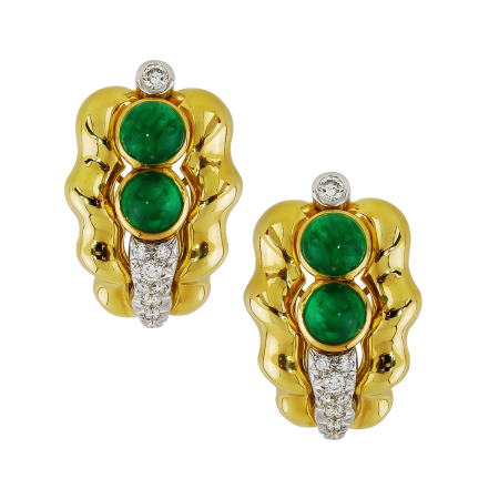 16031 Flowing Lines Emerald & Diamond Earrings Designed & Handmade by Kaufmann de Suisse in 18kt Yellow Gold featuring 4 Cabochon Cut Emeralds weighig a total of 5.65cts and 16 Round Brilliant cut