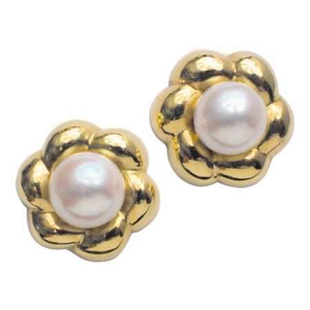 16115 Flowing Lines Pearl Studs Earrings Designed & Handmade by Kaufmann de Suisse in 18kt Yellow Gold featuring 2 Akoya 7.5mm Pearls