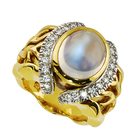 16121 Open Flowing Lines Moonstone and Diamond Ring Designed and Handmade by Kaufmann de Suisse in 18kt Yellow Gold & Platinum featuring one 4.90cts Oval Cabochon Cut Moonstone flanked by 28 Round