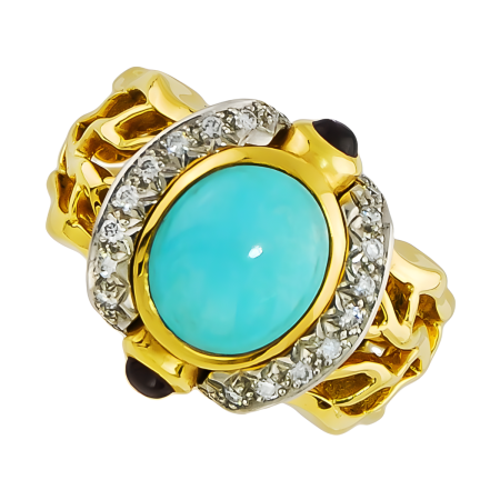 16140 Open Flowing Lines Turquoise and Diamond Ring Designed and Handmade by Kaufmann de Suisse in 18kt Yellow Gold and Platinum featuring 1 Robin's Egg Turquoise weighing