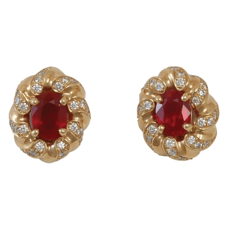 16164 Flowing Lines Ruby & Diamond Earrings Designed & Handmade by Kaufmann de Suisse in 18kt Yellow Gold featuring two No Heat Oval Rubies weighing 3.38cts total and 48 round Brilliant cut FVVS Q