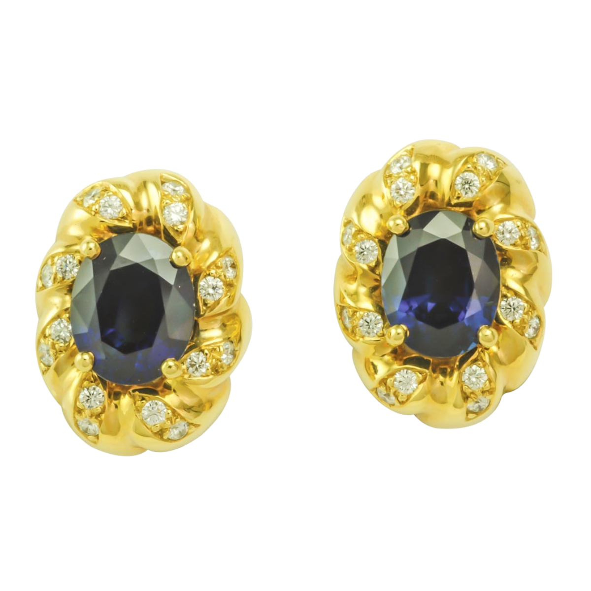 16170 Flowing Lines Sapphire & Diamond Clip On Earrings Designed & Handmade by Kaufmann de Suisse in 18kt Yellow Gold featuring 2 Oval Blue No Heat Sapphires weighing a total of 6.00cts mounted wi