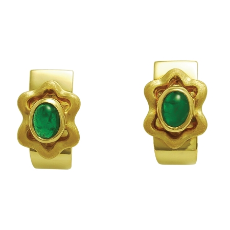 16235 Callista Clip On Earrings Designed & Handmade by Kaufmann de Suisse in 18kt Yellow Gold featuring 2 Oval Cabochon Cut Columbian Emeralds weighing a total of 1.01cts