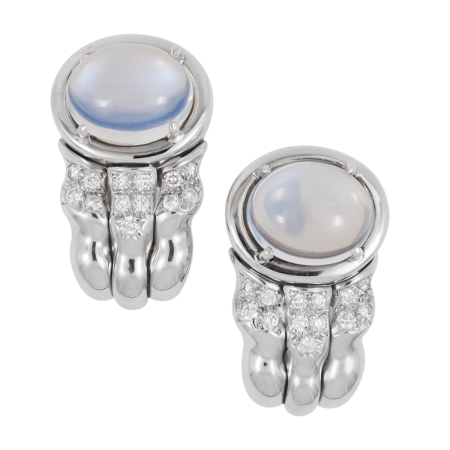 16475 Triple Flowing Lines Moonstone and Diamond Earrings Designed & Handmade by Kaufmann de Suisse in 18kt White Gold featuring 2 Oval Cabochon Cut Moonstones weighing a total of 8.12cts mounted